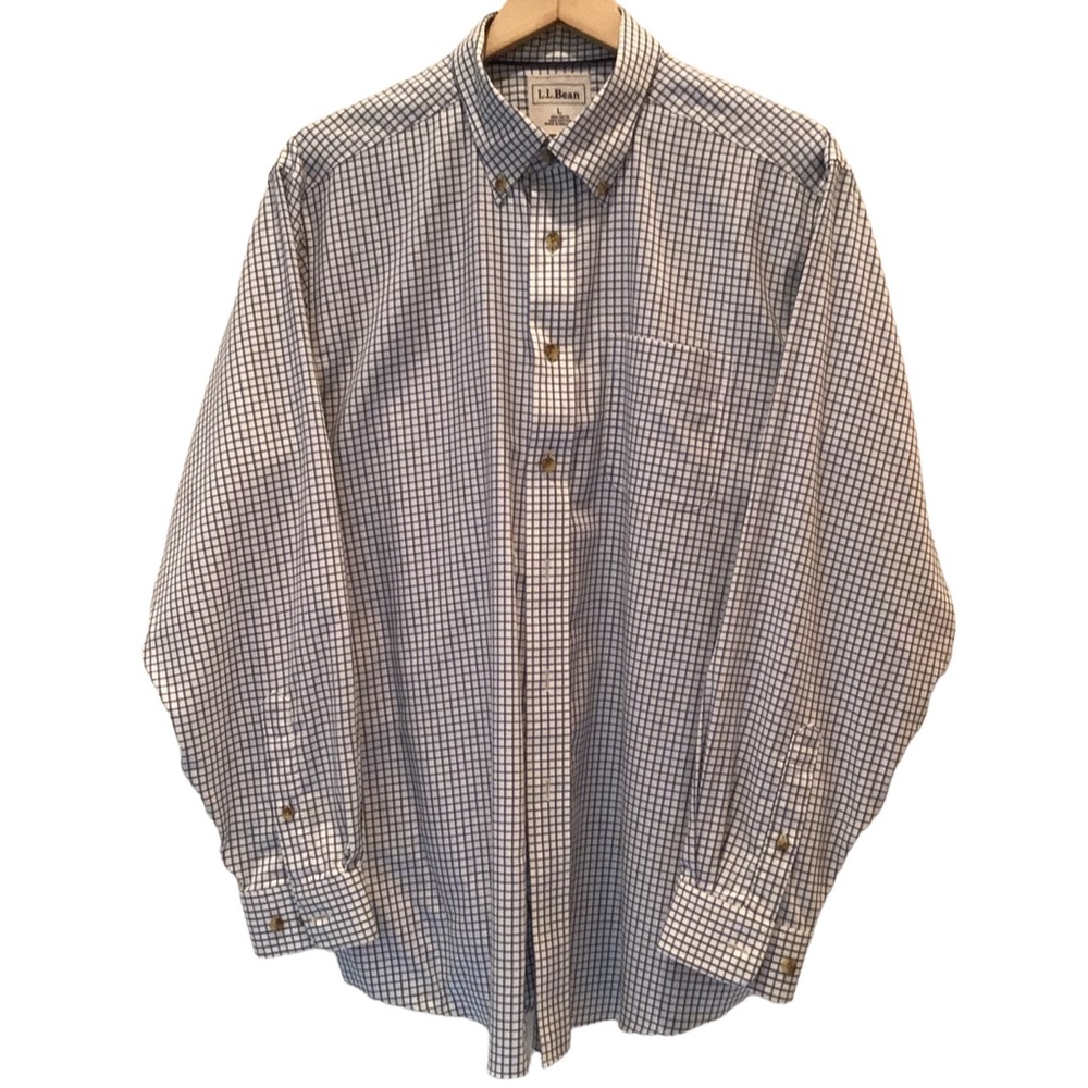 LL Bean Men’s Casual Button Down Shirt, Sz L, Blue/White/Black Windowpane Check